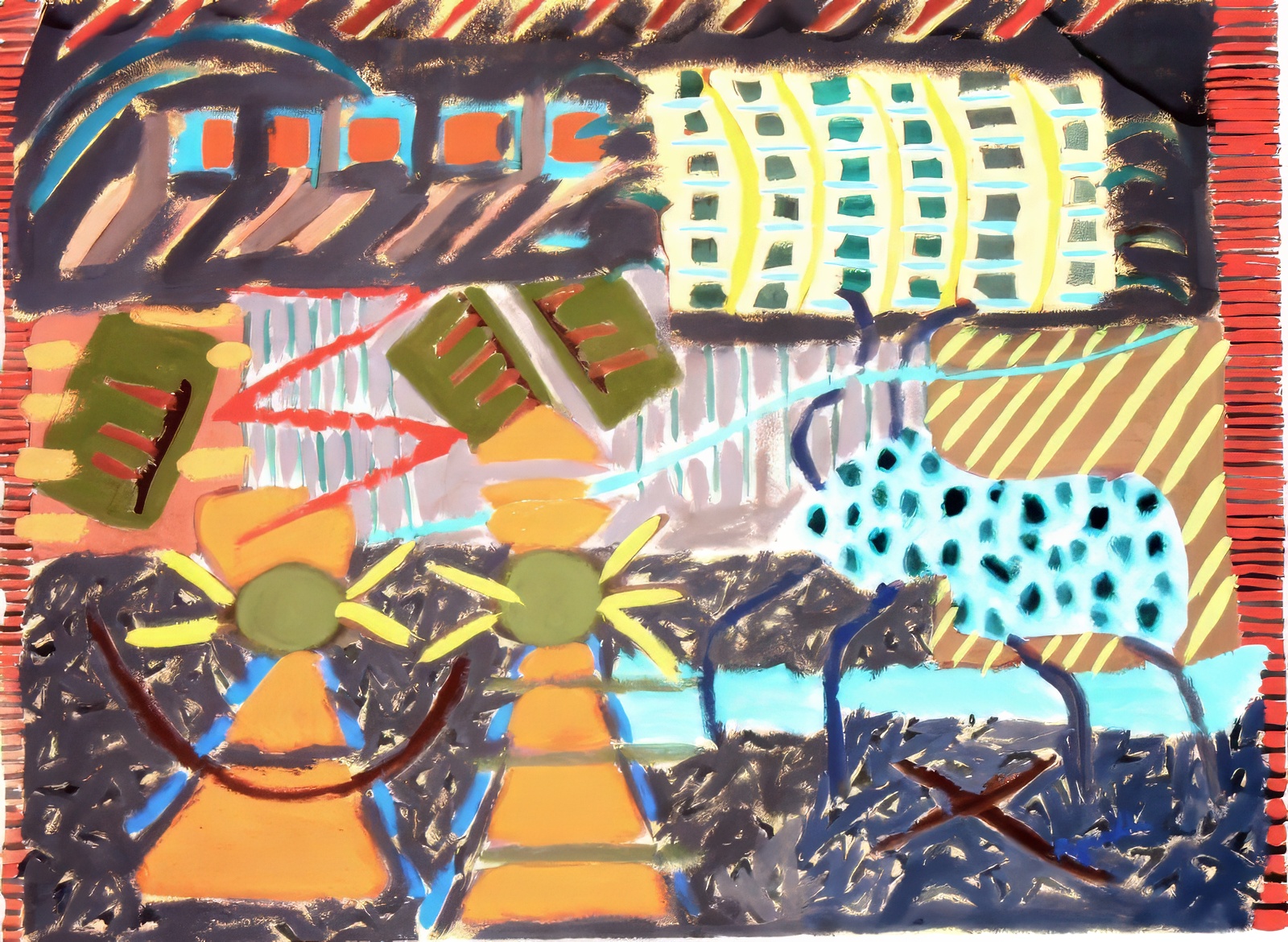 Two Orange People with Blue Beast